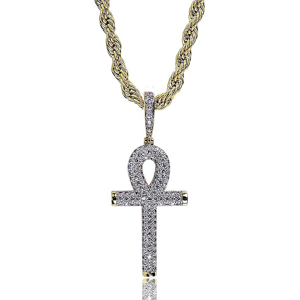 14k kullalla päällystetty jäädytetty Cz Lab Diamond Ankh Risti Egyptiläinen Riipus Miehille Ja Naisille 24\" Ruostumattomasta Teräksestä Valmistetulla Ketjukaulakorulla