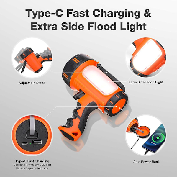 Handhållen Utomhus Spotlight med 6 Ljuslägen, Söklampa, IP65 Vattentät Floodlight, 2 Färgade Linser för Camping, Båtfärd, Jakt, Gård