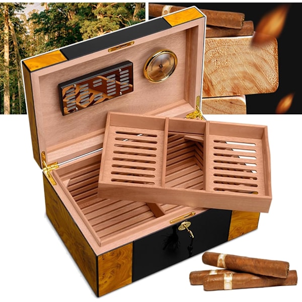 Dubbellagers Cigarrhumidor, Bordscigarrhumidor i Cedarträ med Hygrometer och Säkerhetslås, Cigarrförvaringslåda, Rymmer 150 Cigarrer, Cigarrgåvor för Män
