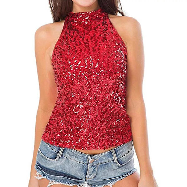 Dame Paljett Tank Top Glitter Iøynefallende Slim Fit Ermeløs Halterneck Vest Red