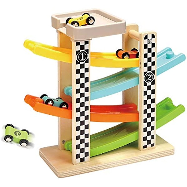 Leksaker för småbarn 1 2 år gamla pojke och flicka presenter Träbilbana Bilramp Racer med 4 minibil