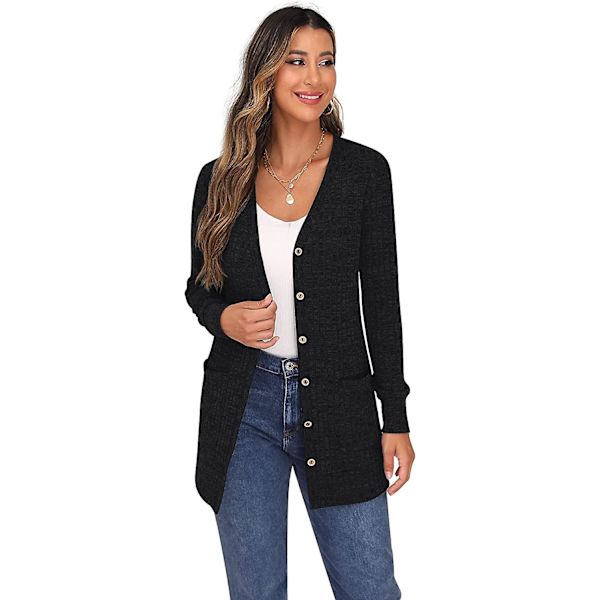 Dame Cardigan Langærmet Åben Front Cardigans Knap Ned V-Hals Ribstrikket Black M