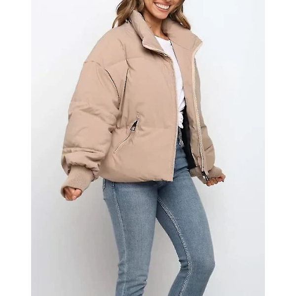 Dam vinter långärmad stativ krage Zip Pufferjacka Baggy Short Down Vadderade kappor Khaki Small