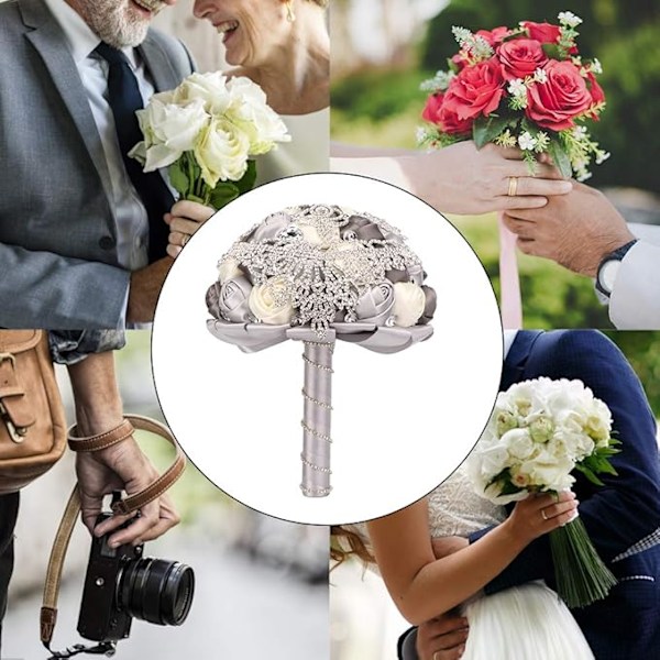 Silke Brud Brudepige Håndholdt Blomsterbuket til Bryllup, Bryllupsbuketter til Brud Brudepige, Kunstig Brudebuket til Boho Rustik