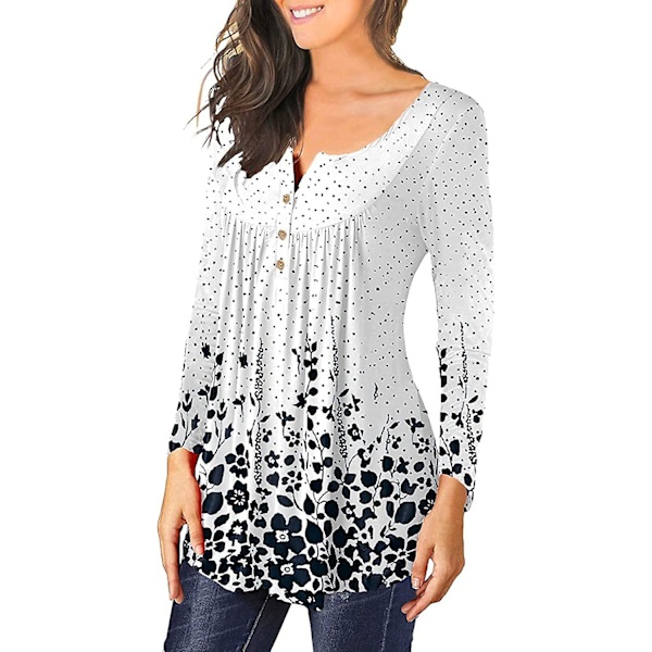 Dame Tunika Topper Ensfarget Plissert V-hals Knapper Bluse Blomstertrykte Damer Winered L