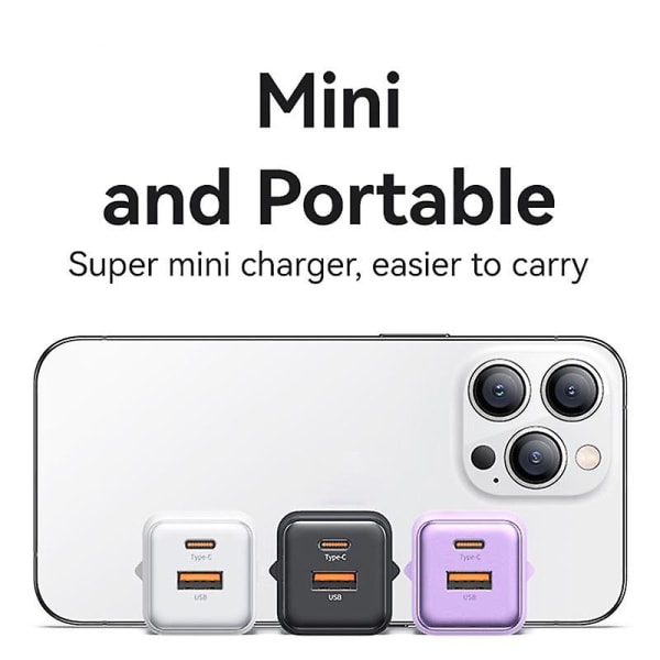 PD 30W laddare Adapter med Typ-C+USB-A Dual Port Elektropläterad Mini Portable Wall Charger (EU-kontakt White
