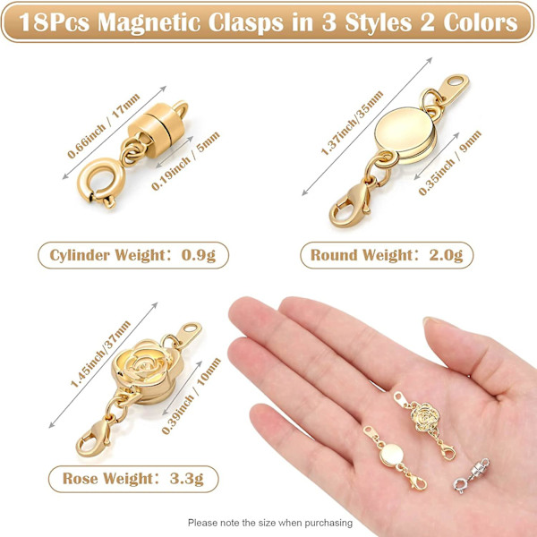 18 st 3 stilar magnetiska halsbandsklås och stängningar, runda cylindriska smycken magnetiska lås kontaktlås låsning magnetiska lås armband förlängare