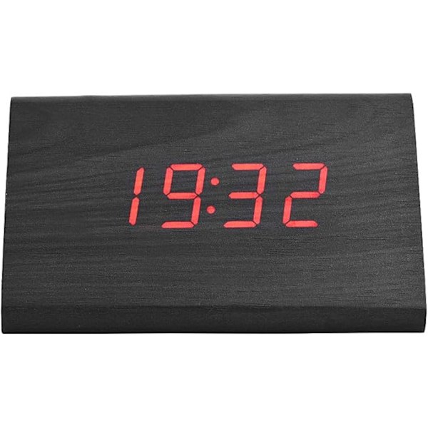 LED Digital Väckarklocka, 3 Alarminställningar 12/24H Temperatur Datumvisning Stora Siffror Träklocka för Sovrum Kontor Inbyggt DC6V/500MA Batteri