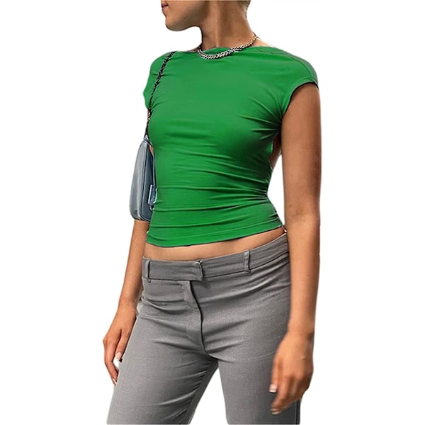 Dame Sexet Top med Udskæring i Ryggen Kortærmet T-shirt Y2k Mode Skjorter Green L