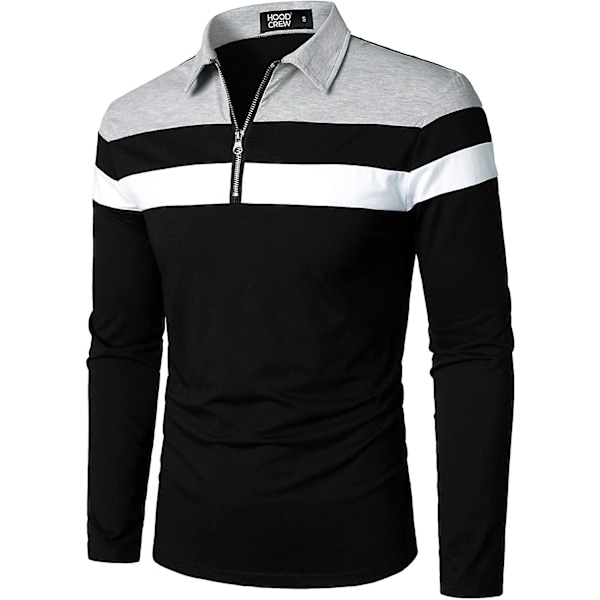 Herr Casual Långärmad Polotröjor Kontrastfärg Patchwork Bomull Tee Toppar Black M