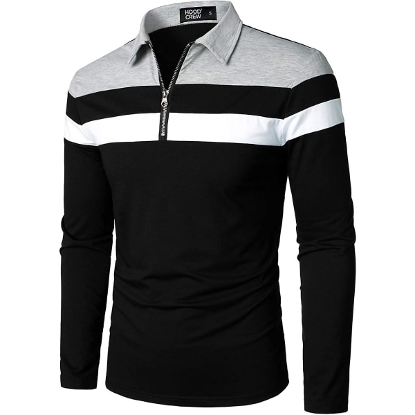 Herr Casual Långärmad Polotröjor Kontrastfärg Patchwork Bomull Tee Toppar Black S
