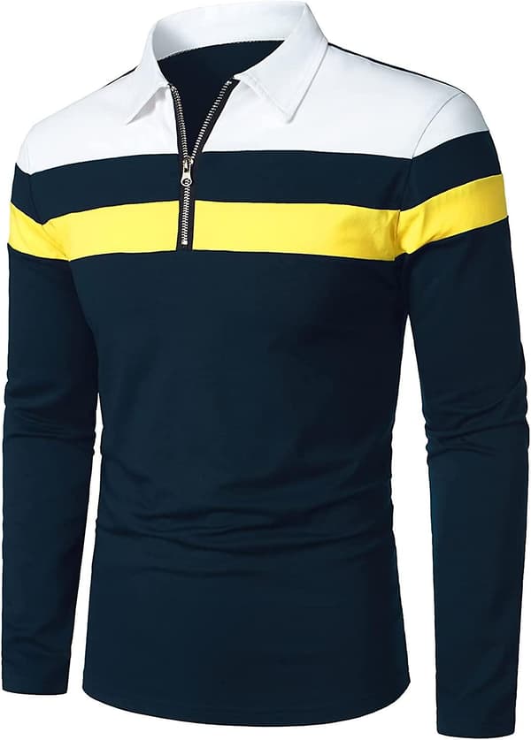 Herr Casual Långärmad Pikétröja Kontrastfärg Patchwork Bomulls T-shirts Navy M