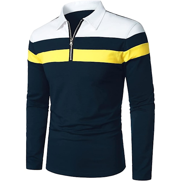 Herr Casual Långärmad Polotröjor Kontrastfärg Patchwork Bomull Tee Toppar Navy L