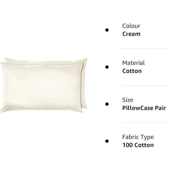 100% egyptiläistä puuvillaa 10\"/25cm syvät lakanat - Muotoonommeltu - Yhden hengen - Kahden hengen - King - Super King Cream PillowCase Pair