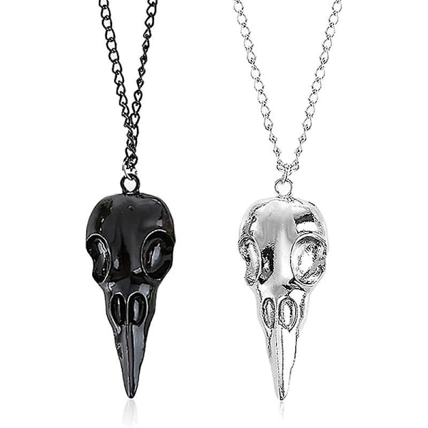 2 st Gothic Kråka Huvud Skalle Hänge Halsband för Kvinnor Män Halloween Halsband Silver+Svart)