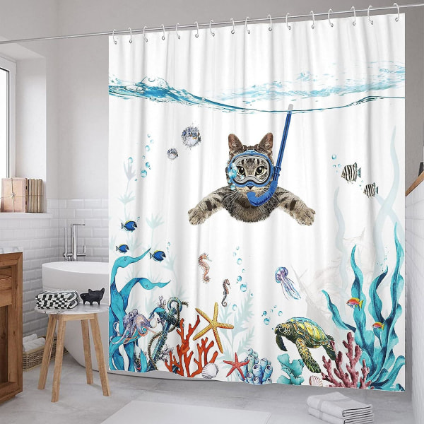 Blå rolig katt duschdraperi, 72'72' Set Teal Sea Ocean Vattentät tyg duschdraperier med djur bläckfisk Sjöstjärna Sköldpadda Ankare Fisk Nautisk