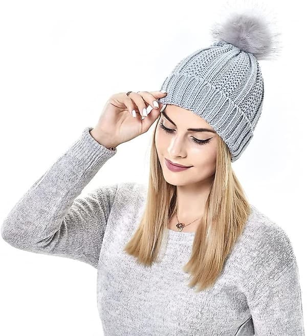 Kvinnors stickade mössa med satin foder Pom Pom vinter varm mössa Bobble hatt