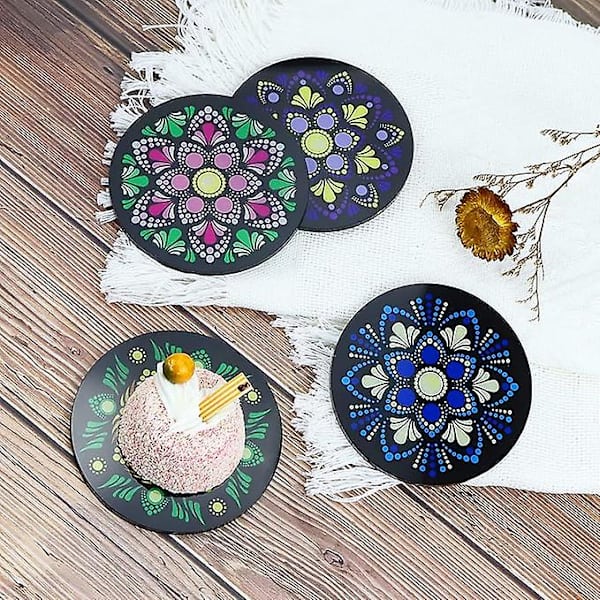 4 stk. 9,8 cm akryl cirkel coasters, akryl runde coasters med mandala mønster coasters til mælk te butik kaffebar