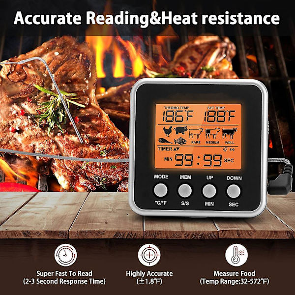 LCD Digital Matlagning Mat Kött Rökugn Ugn Kök Bbq Grill Termometer Klocka Timer Med Rostfritt Stål Sond