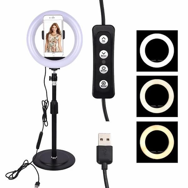 Selfie Blits Ringlys Mobiltelefonholder LED Kamerafeste Lang Arm USB Stativ