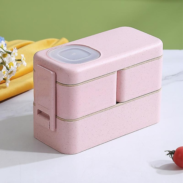 Bento Lunchbox, 2-lagers läckagesäker Bento Box med 3 fack och såsgryta Bestick Stapelbar salladslåda för barn och vuxna Pink