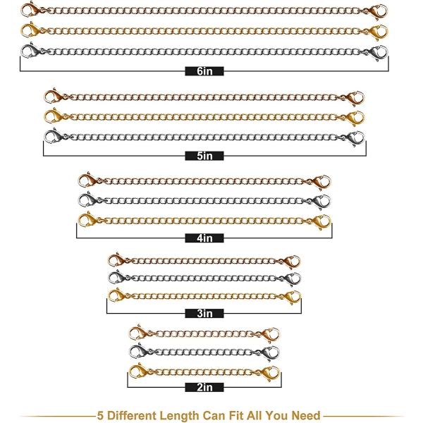 Halsbandsförlängare, 15 st Rostfritt stål Guld Silver Halsband Armband Ankelförlängningskedjor med hummerlås och förslutningar för smyckestillverkning sliver gold rose gold