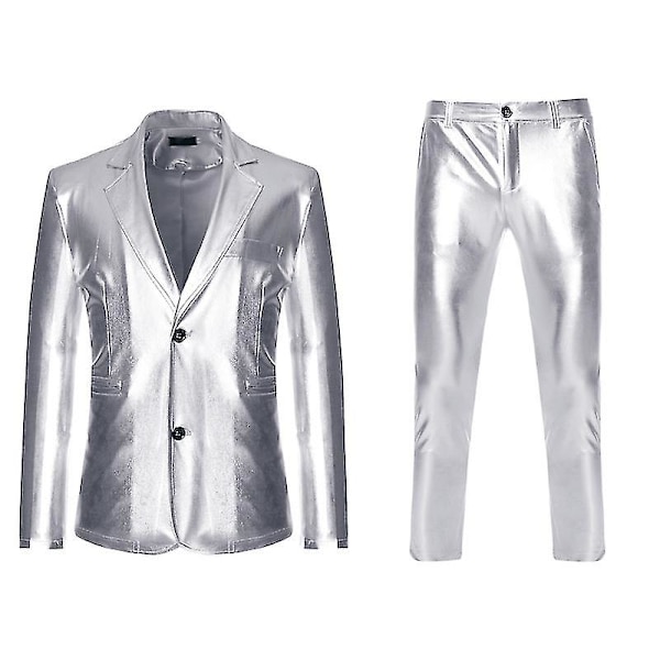 Miesten kiiltävä kulta kaksiosainen puku (bleiseri+housut) Terno Masculino Muoti Juhlat Dj Klubi Puku Smokki Miesten Lava Laulajan Vaatteet Sliver 2XL