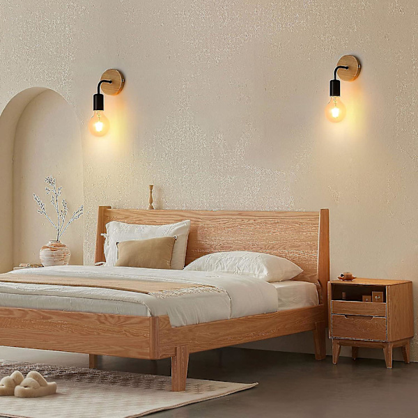 Svart retro vägglampa i smidesjärn och trä, lämplig för sovrum, arbetsrum, hall 2 st (glödlampa ingår ej)