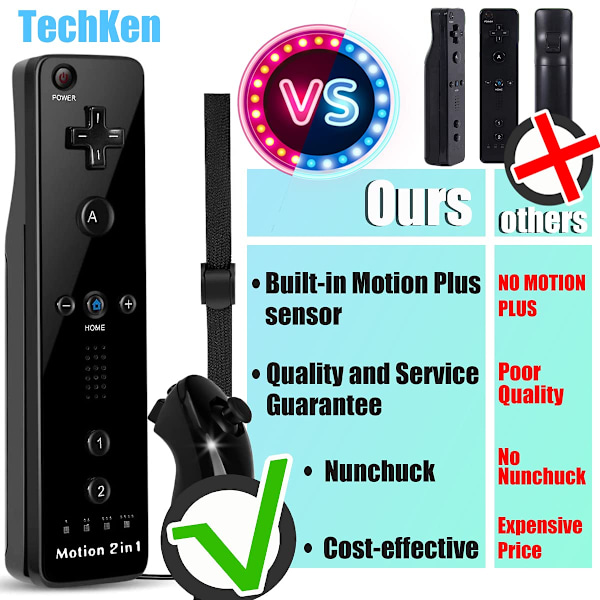 Fjärrkontroll och Nunchuk för Wii, Remote Plus-kontroll för Wii med Motion Plus och Nunchuck, Fjärrkontroll för Wii-spel