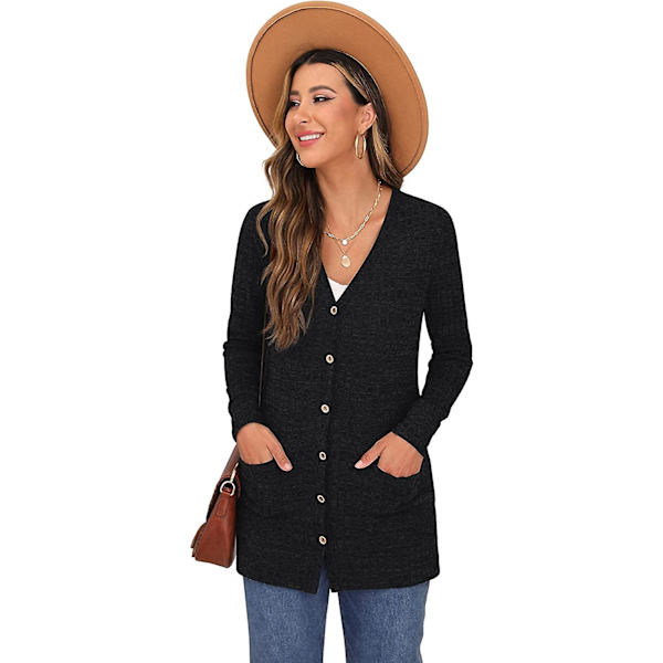 Dame Cardigan Langærmet Åben Front Cardigans Knap Ned V-Hals Ribstrikket Black M