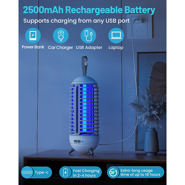 Sähköinen hyönteisten tappaja, hyttyslamppu, retkeilylamppu, 2 in 1, 2500 mAh hyttysansa, USB ladattava ulko-/ulkoiluun/puutarhaan White