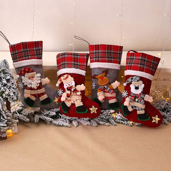 4 st julstrumpor, stora julstrumpor, julklappspåse, björn, älg, snögubbe, tomtefigur, godispåse juldekoration