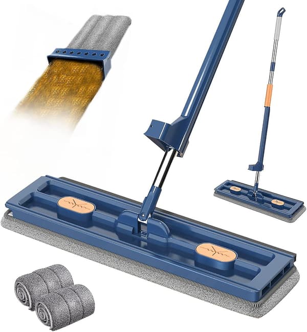 Stor platt moppset, 360 svängbar mopp med vridfunktion, golvmoppset platt mopp med återanvändbara mikrofibermoppdynor Blue - with 2 Mop Pads