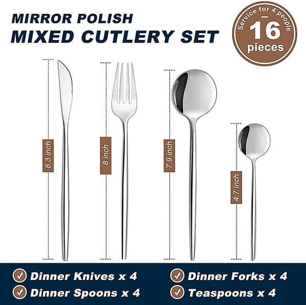 Silver Bestickset 16 Delar, Elegant Bestickset i Rostfritt Stål, Kök