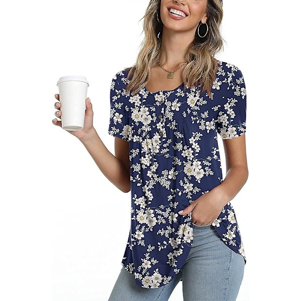 Kvinnors vår-sommar Henley-skjortor Knäppta tunikor Toppar 2023 Casual Kortärmad blus T White Flower XL