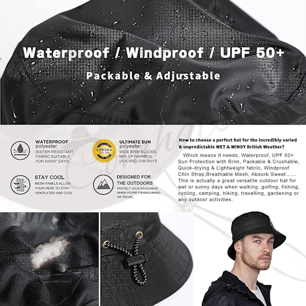 Vattentät Yetsye Bucket Hat för män och kvinnor för promenader, golf och safari - Regnhattar för damer Black