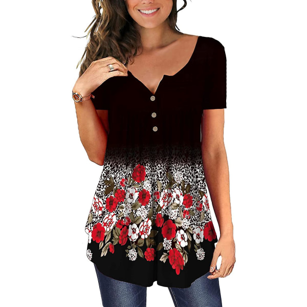 Dame Tunika Topper Ensfarget Plissert V-hals Knapper Bluse Blomstertrykte Damer Feather M