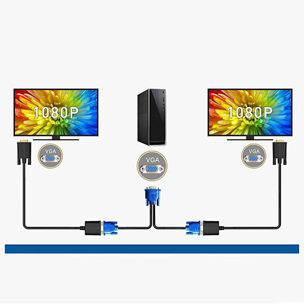VGA-monitors Y-splitterkabel, VGA 1 hane till UAL 2 VGA hona Aapter Converter Vieo-kabel för skärmduplicering - 1 fot (blå)