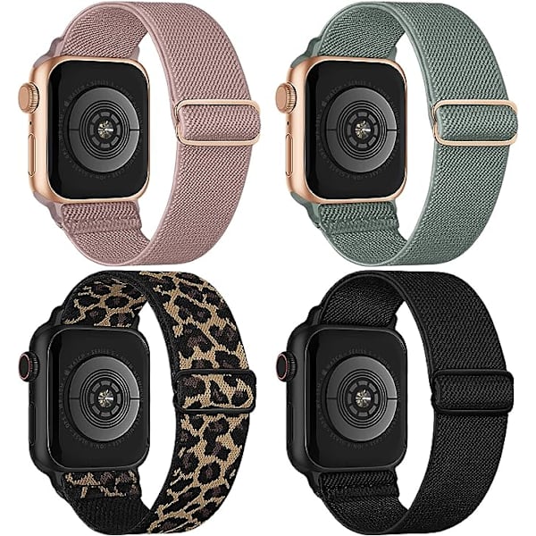 4-pack nylon solo loop-band kompatibel med Apple Watch 38 mm 40 mm 41 mm 42 mm 44 mm 45 mm 49 mm, justerbara flätade sportarmband i elastiskt material AA005 38mm 40mm 41mm
