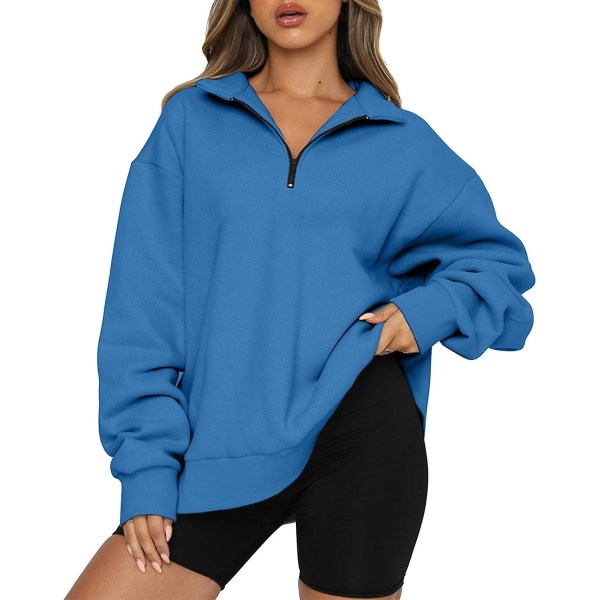 Dam höst sweatshirts oversized halv dragkedja pullover långärmad tröja kvart dragkedja trendig huvtröja outfits för tonåring m0 blue Medium