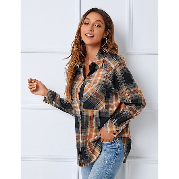 Dame Skjorte med Knapper Flanell Rutete Shacket Langermet Topper Bluser Casual