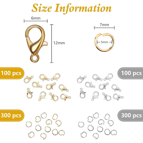 800+ delar hummerklor och öppna hoppringar, 12 mm hummerklospännen halsbandsklåsning krok och 5 mm hoppringar för Diy armband halsband smycken