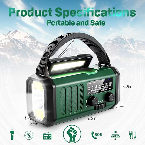 Hätätilanteiden käsikampi-sääradio, AM FM NOAA -sääradio, Type-C-lataus, aurinkolataus, SOS, 3 tilan LED-taskulamppu