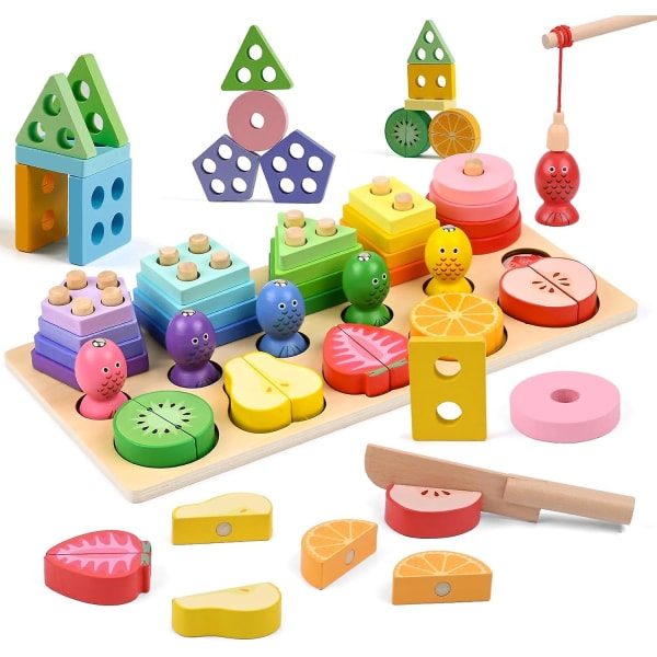 Barnleksak, trästaplings- och sorteringsspel, 20 geometriska block, träfiskespel, formsorteringspussel, träleksak för presenter till flickor, pojke