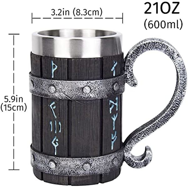 Rune Ølglass Mugge Rustfritt Stål Tre Resin 3d Norrøn Dekor Kaffe Kul Gotisk Ølseidel Stein Kopp Krus