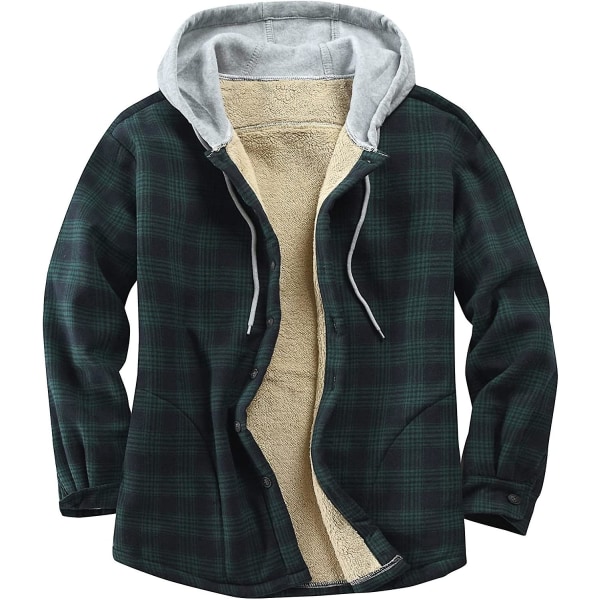 Herr bomullsrutiga skjortor Jacka Fleecefodrad flanellskjortor Sherpa-jackor med luva för män green M