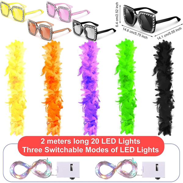 15-pack LED-fjäderboas för vuxna Party Bulk Inkludera 5 st 2,2 Yard Chandelle Feather Boa 5 st LED-slingor 5 st fyrkantiga strasssolglasögon