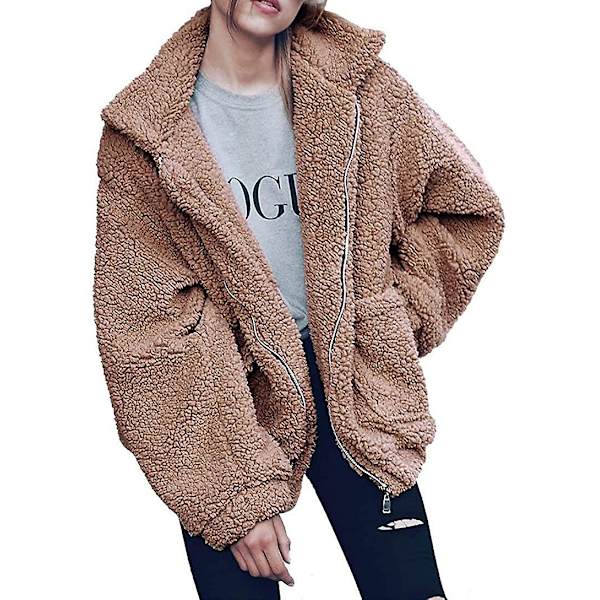 Kvinnors mode långärmad krage dragkedja upp konstgjord fårskinn lurvig oversized kappa jacka för varm vinter XL
