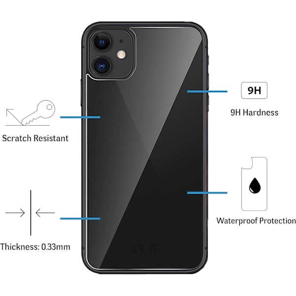 Bakre härdat glas för iPhone 11 [2 stycken], genomskinligt skärmskyddsglas bak, bubbelfri skyddsfilm, 9h