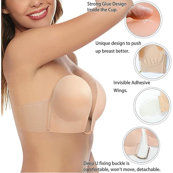 Plunge Strapless Sticky Push Up BH Slitlös Limmad Osynlig, Med Bröstvårtsskydd Beige 1 Medium